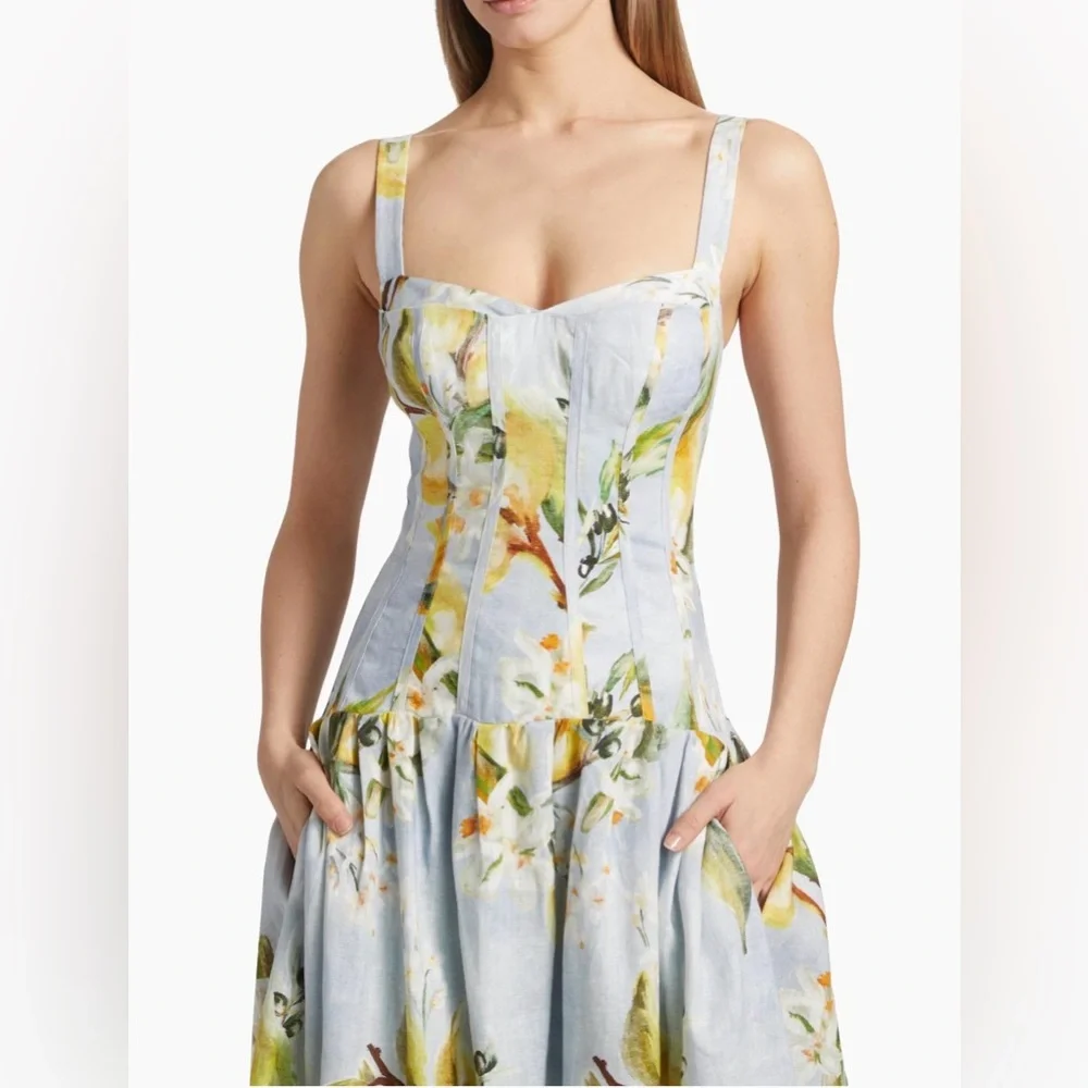 Nicholas - Makenna Floral Linen Drop Waste Midi Dress - Aniss Sky Lemon - Picture 3 of 6